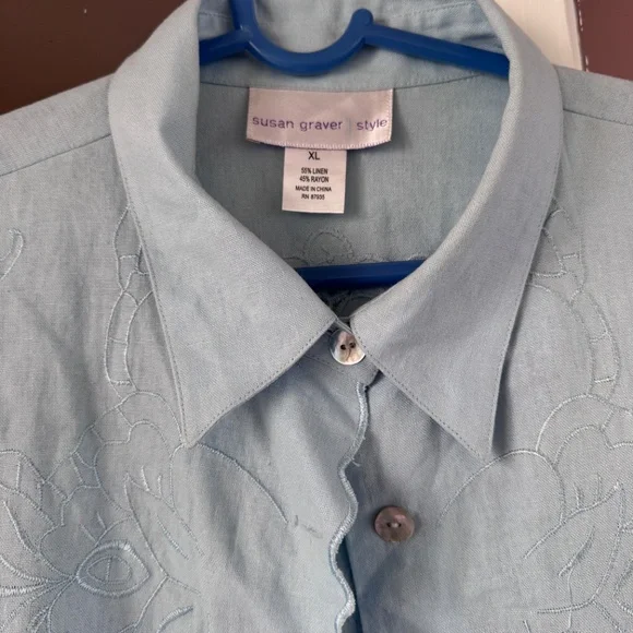 Susan Graver linen blend Blazer light blue cottagecore cutout eyelet embroidery - Picture 2 of 12